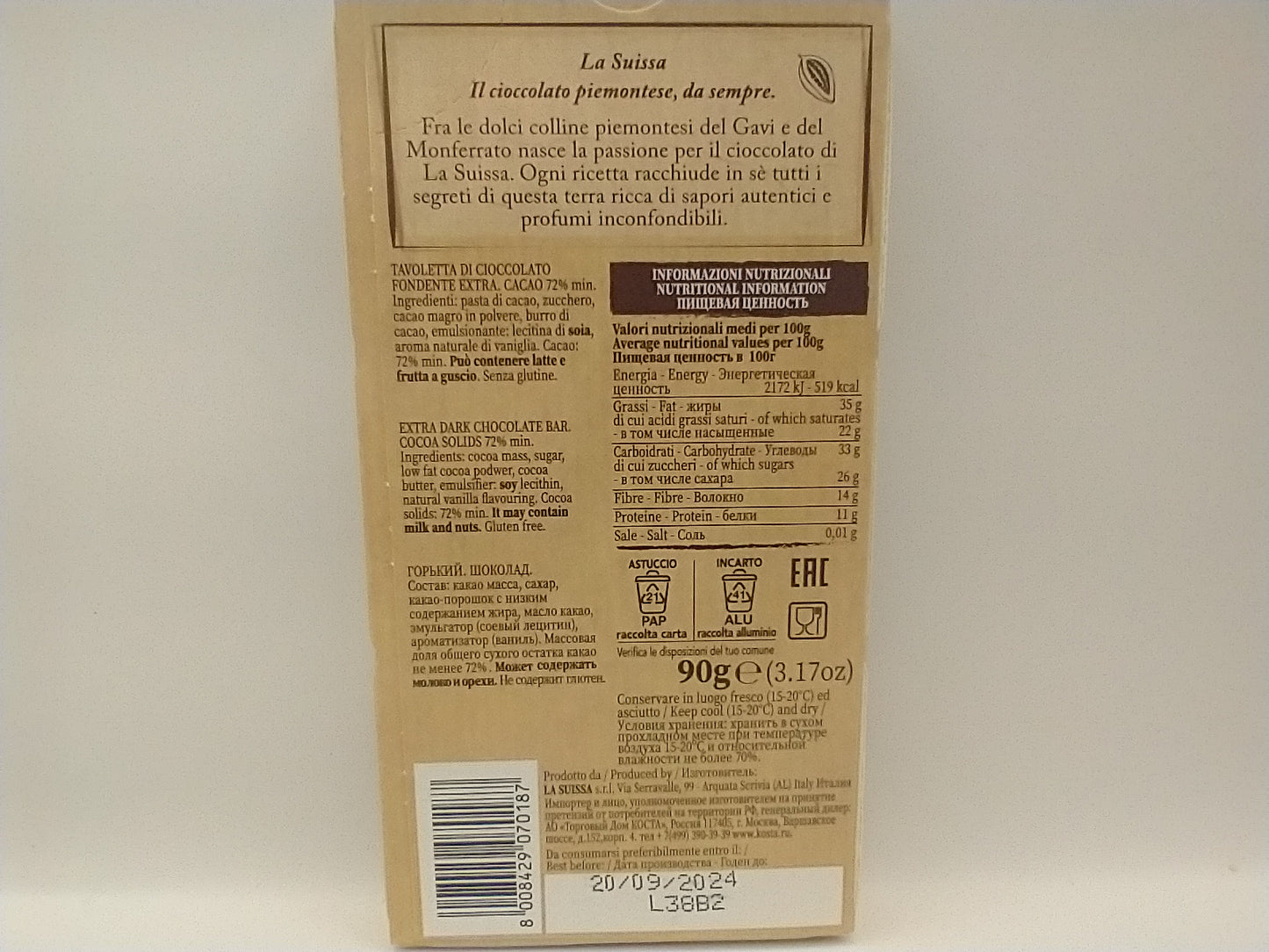 La Suissa 72% Chocolate Bar