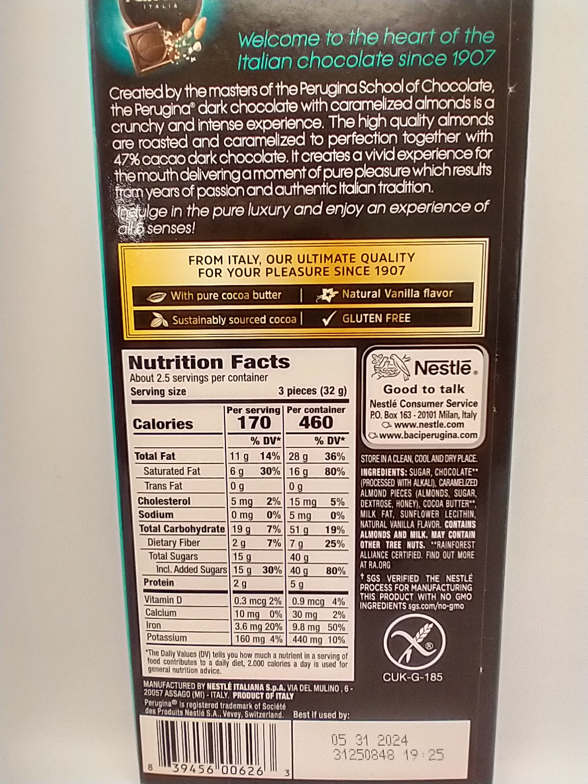 Perugina Dark Chocolate with Caramelized Almonds Bar