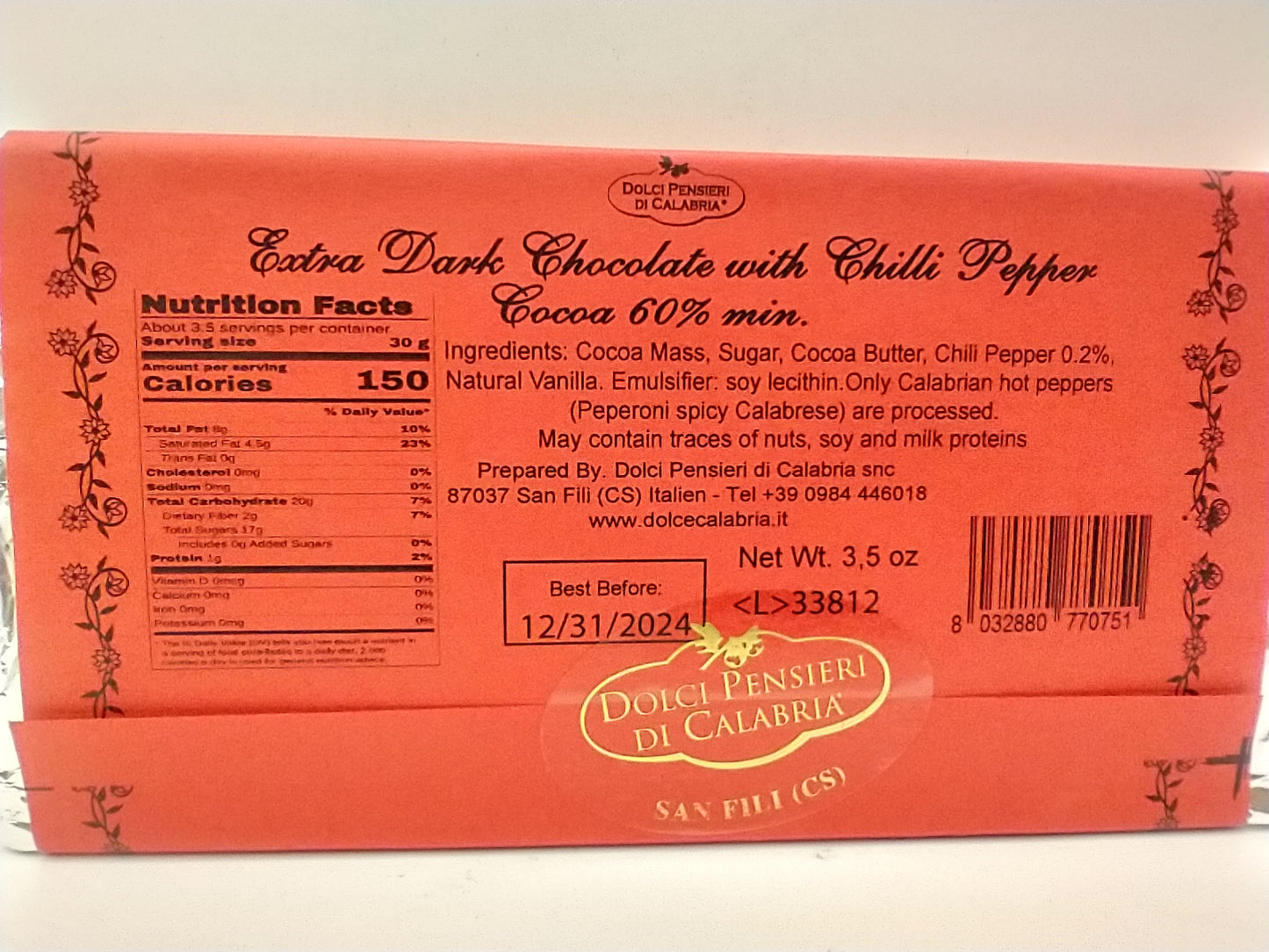 Dolci Pensieri di Calabria Extra Dark Chocolate Bar with Chili Pepper