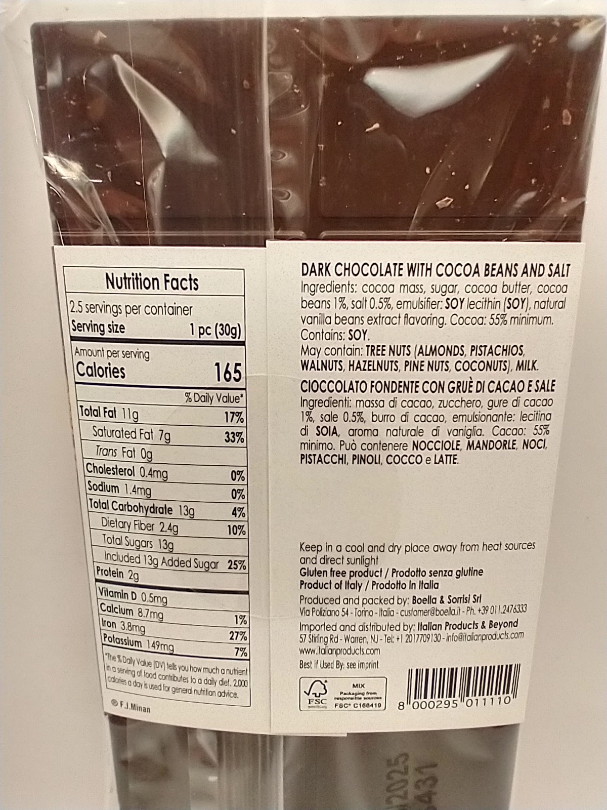 Boella Dark Chocolate Bar with Cocoa Beans and Salt