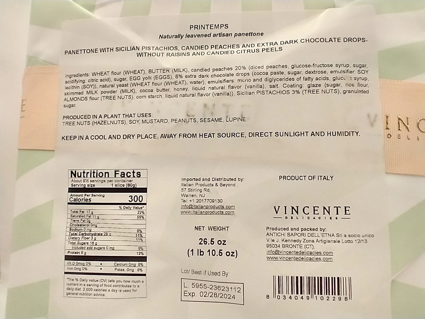 Vincente Panettone with Pistachio, Candied Peaches and Chocolate Chips