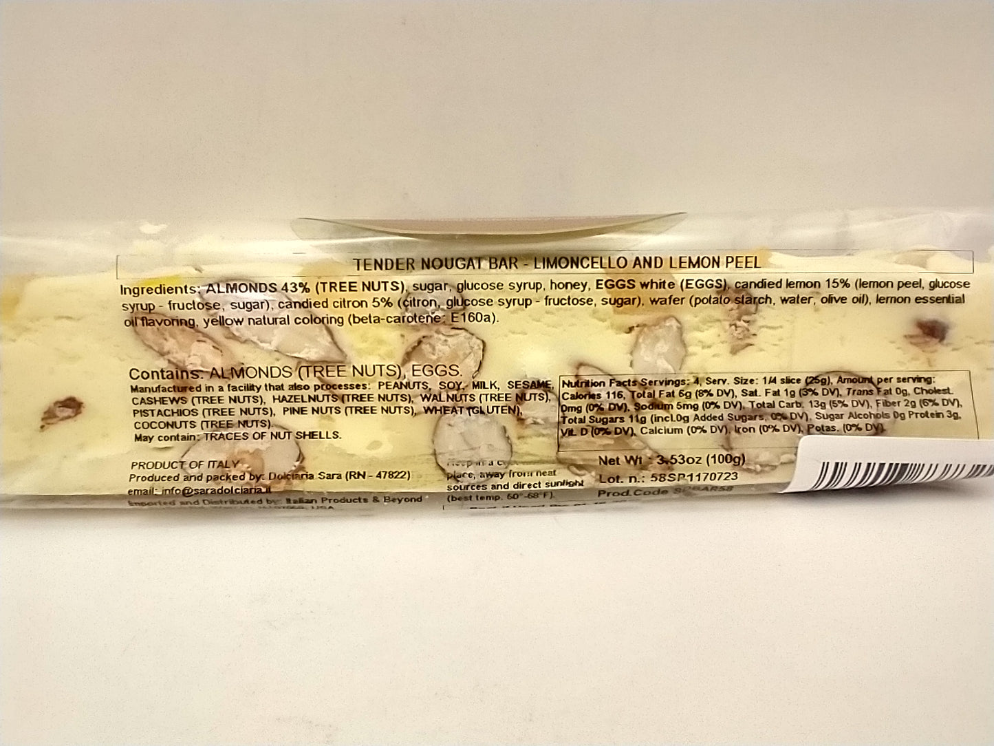 Torrone Bar Limoncello Soft Nougat with Lemon Peel