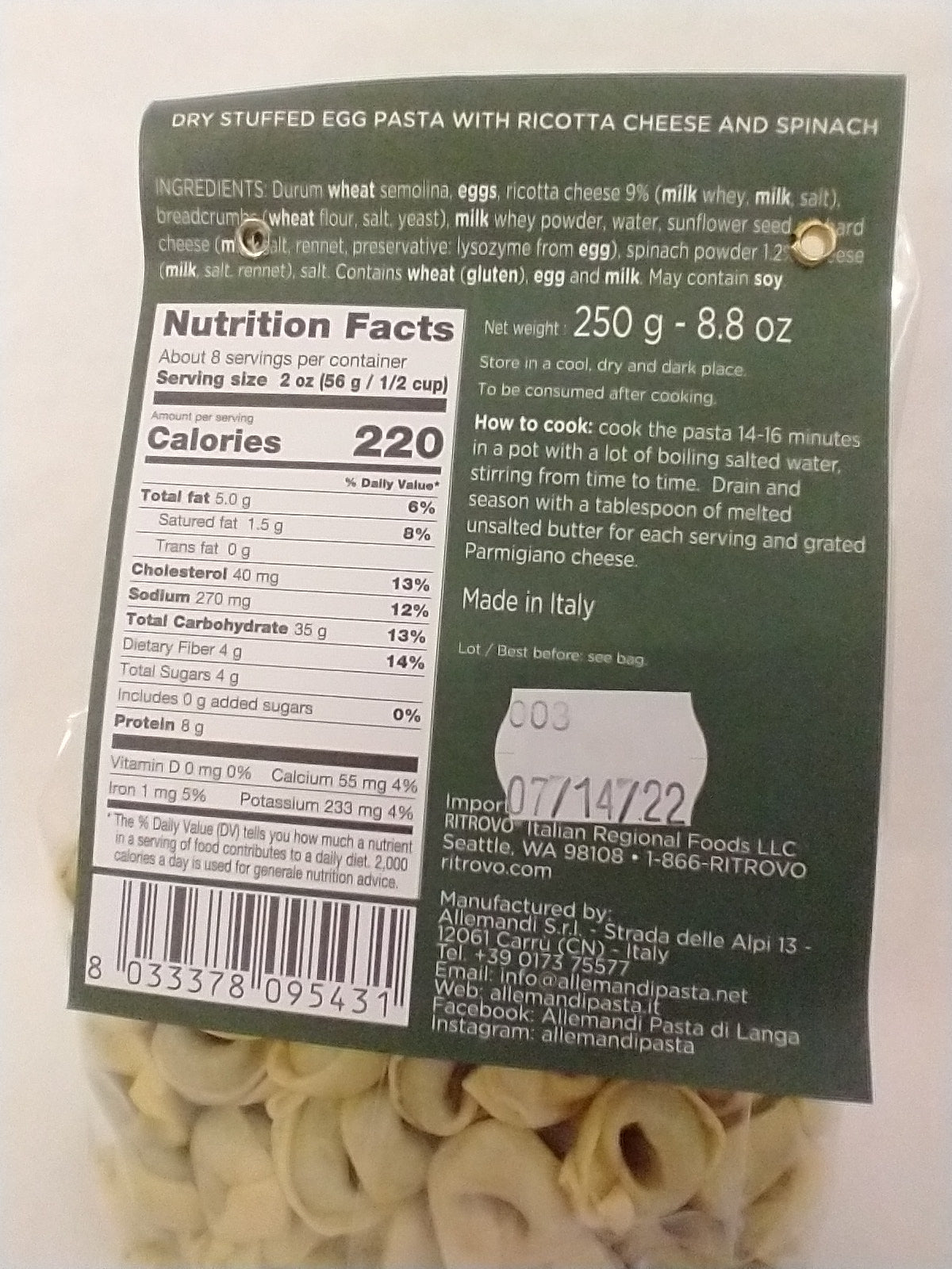 Allemandi Dry Stuffed Ricotta Cheese and Spinach Tortellini