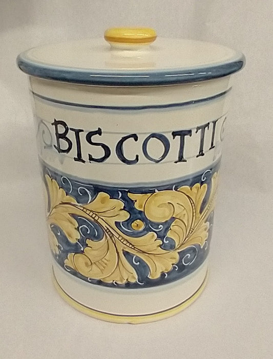 Biscotti Jar, 10 inch cylindrical, Blue Giallo Renaissance Leaf