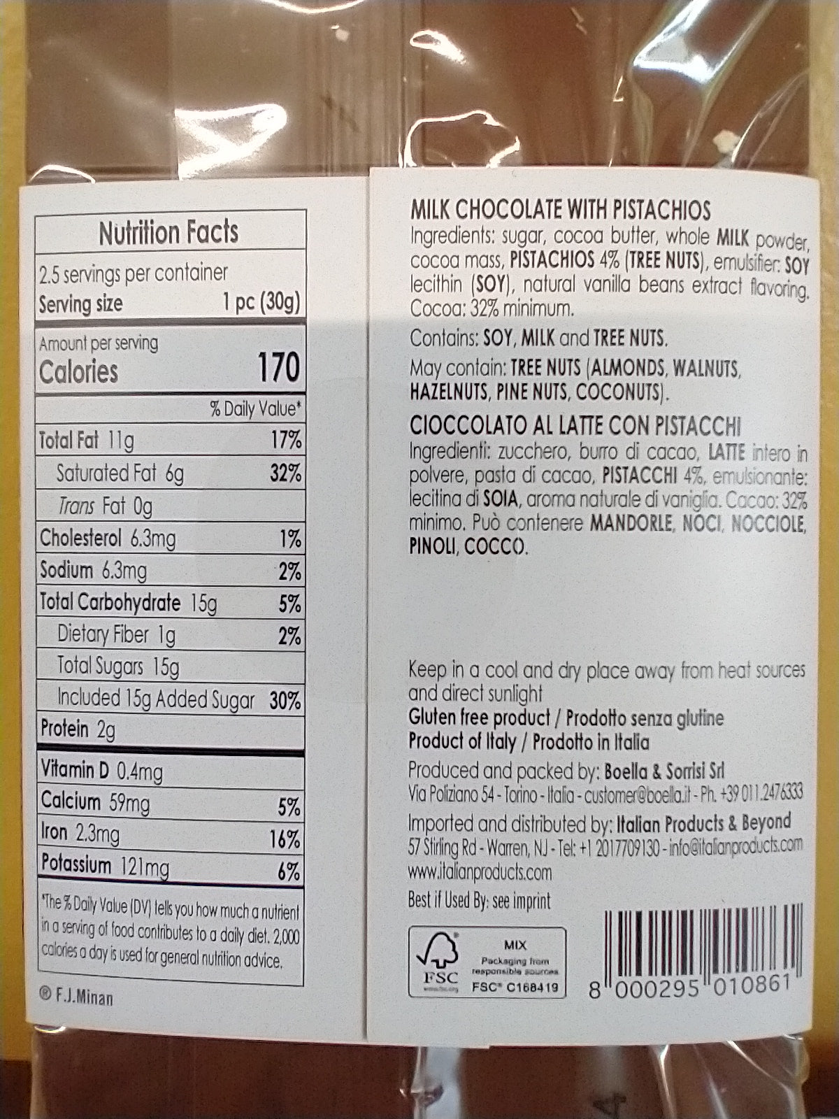 Boella Milk Chocolate Pistachio Bar