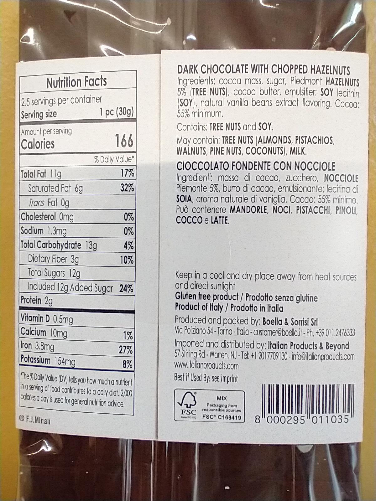 Boella Dark Chocolate Hazelnut Bar